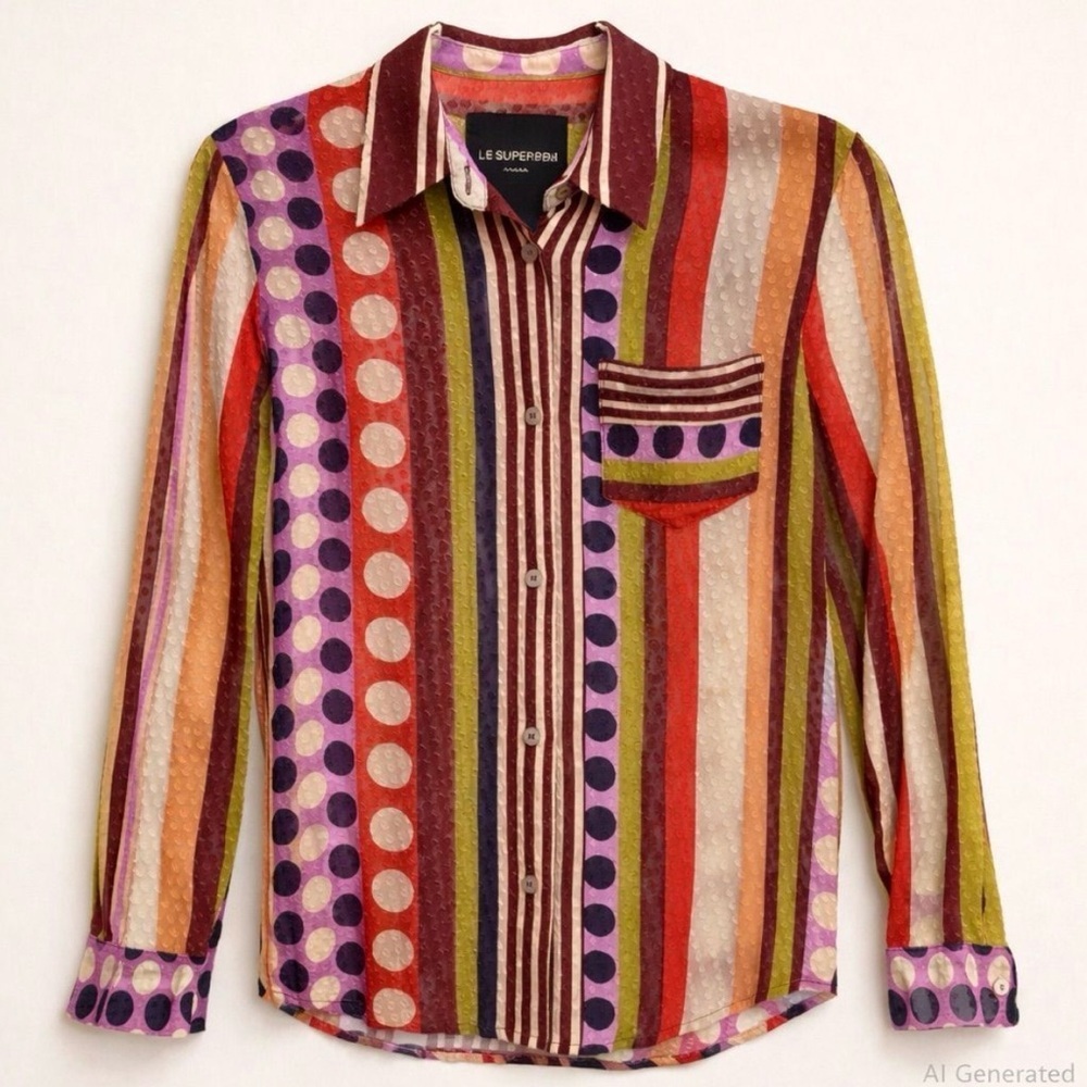 Le Superbe Mixed Print Striped Polka Dot Viscose Button Down Blouse